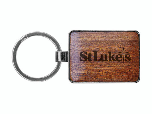 Rectangle Shape Dark Gray Metal Keychain with Wooden Plate (Qty: 25)